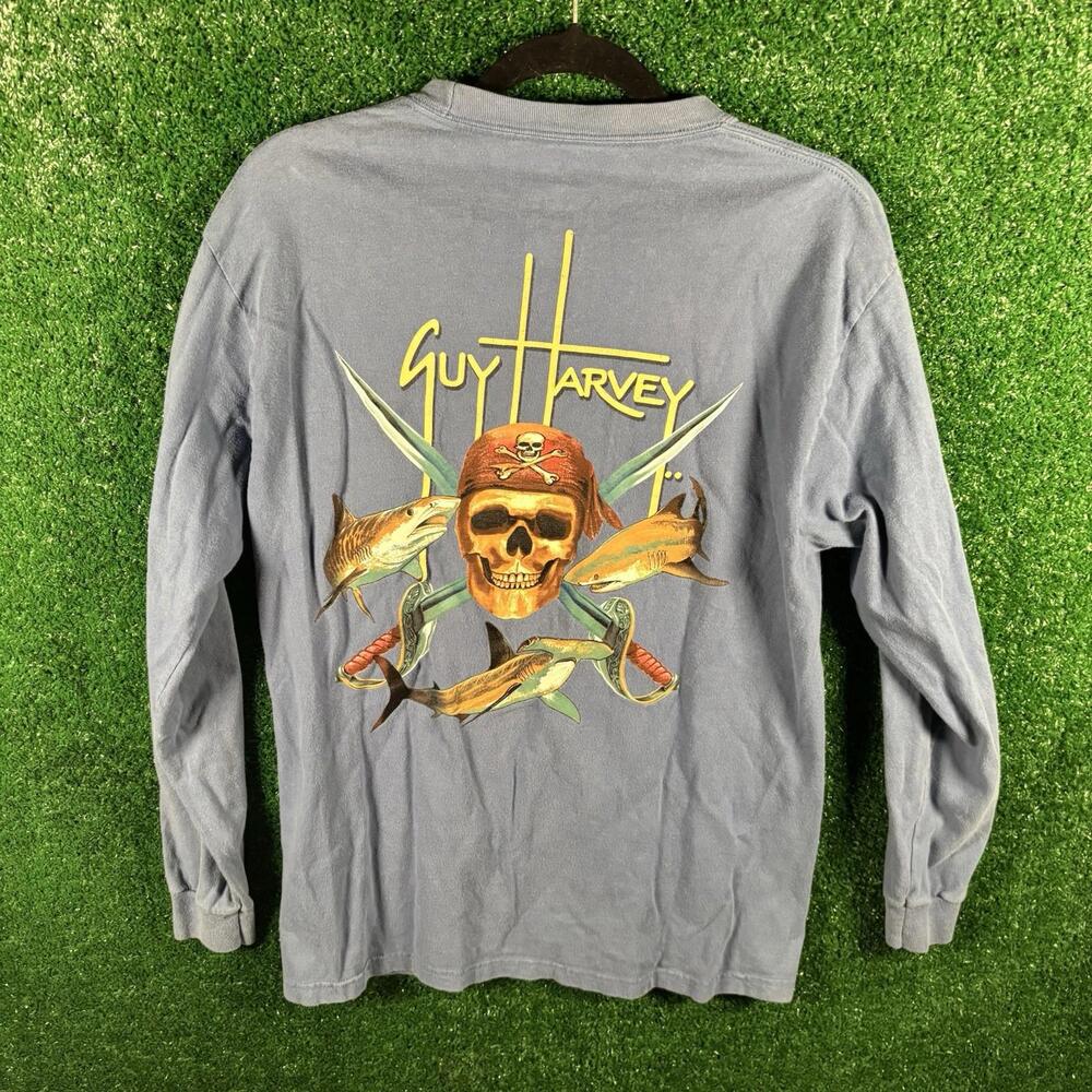 Vintage Y2K Guy Harvey Men's Long Sleeve Shark Skull Head Shirt M